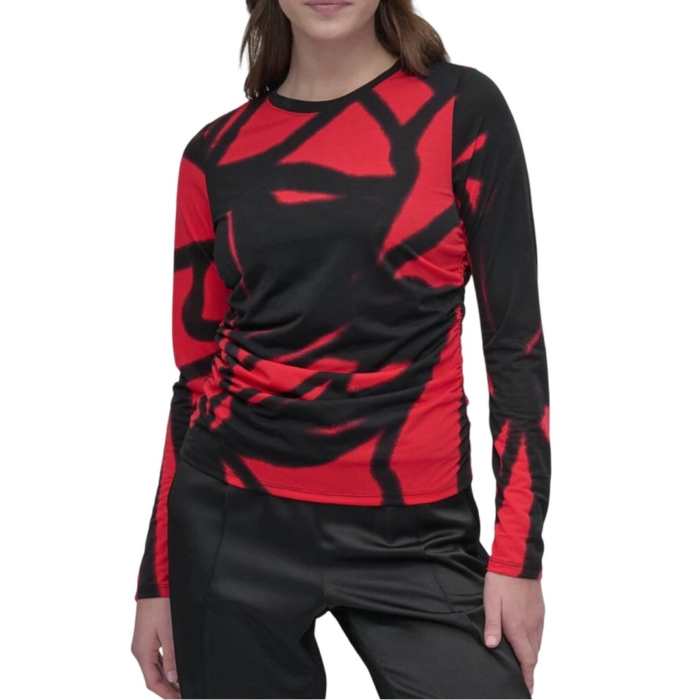 NWT!!  DKNY Abstract Print Ruched Long Sleeve Top Blouse in Red/Black - Size L
